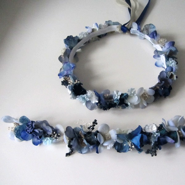 set blue crown and narrow belt blue with leaves for communion dresses