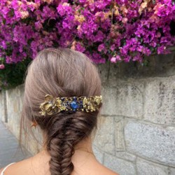 Golden leather hairpin with blue clasp